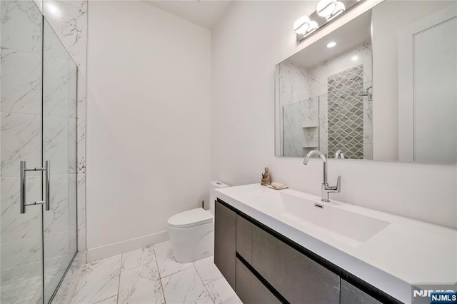 full bath featuring marble finish floor, toilet, vanity, baseboards, and a marble finish shower