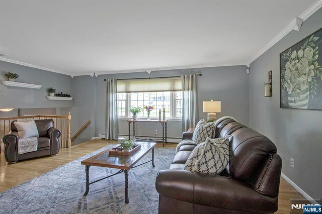 living area with ornamental molding, a baseboard radiator, wood finished floors, and baseboards