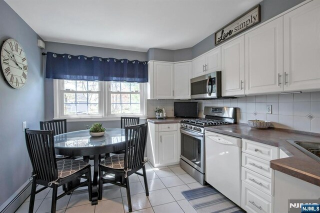 kitchen featuring a baseboard radiator, appliances with stainless steel finishes, dark countertops, backsplash, and white cabinetry