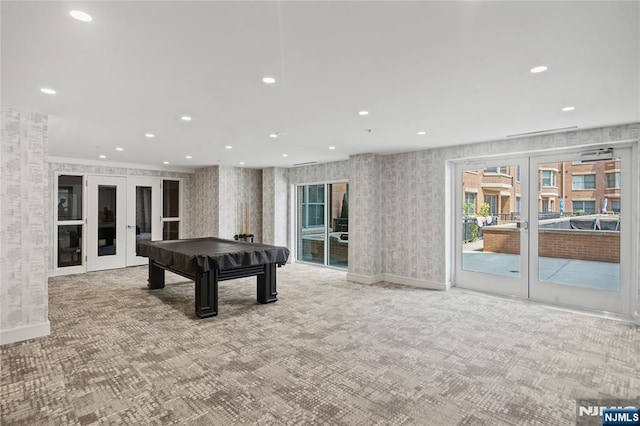 rec room with french doors, carpet flooring, pool table, wallpapered walls, and baseboards