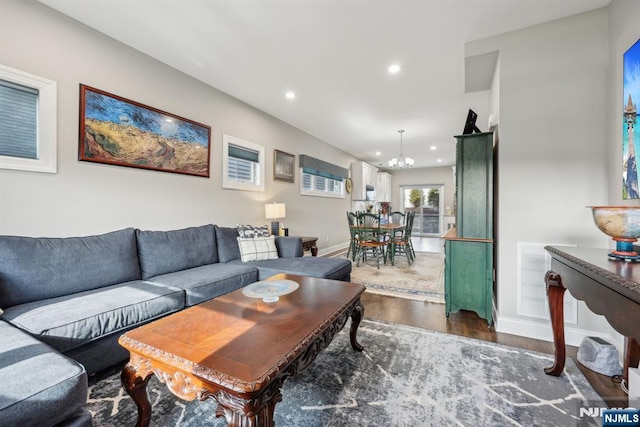 5 Banks Dr, Boonton Town, NJ 07005 - living room featuring recessed lighting, an inviting chandelier, wood finished floors, and baseboards