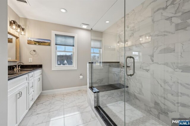 5 Banks Dr, Boonton Town, NJ 07005 - full bathroom with a marble finish shower, visible vents, baseboards, marble finish floor, and vanity