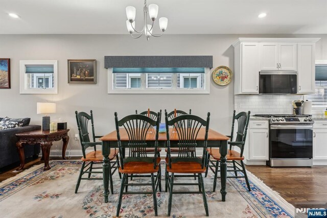 5 Banks Dr, Boonton Town, NJ 07005 - dining room with baseboards, a notable chandelier, light wood-style floors, and recessed lighting