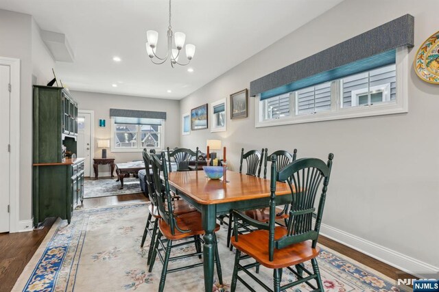 5 Banks Dr, Boonton Town, NJ 07005 - dining space with recessed lighting, wood finished floors, baseboards, and an inviting chandelier