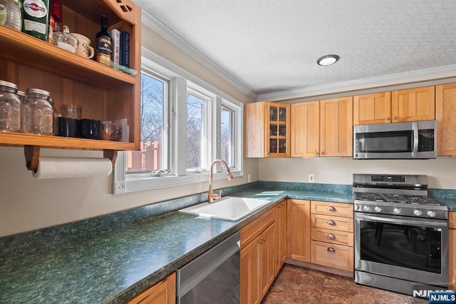 kitchen featuring crown molding, open shelves, a sink, glass insert cabinets, and appliances with stainless steel finishes