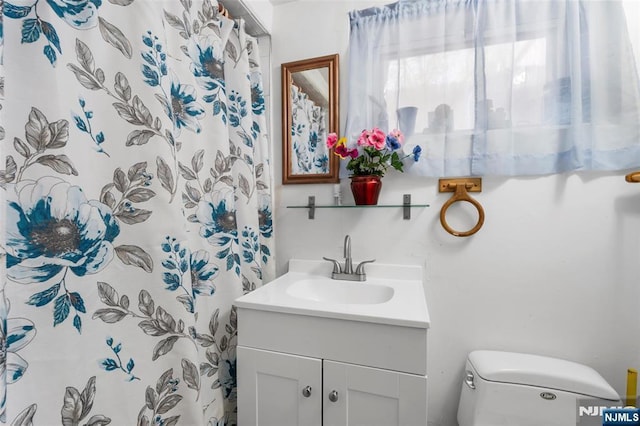 full bathroom featuring vanity, toilet, and a shower with shower curtain