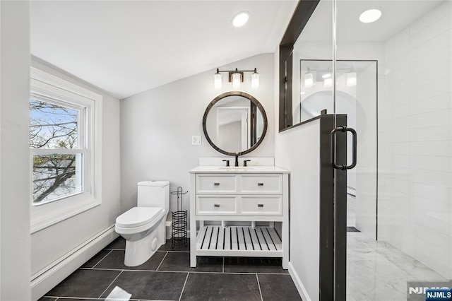 bathroom with a shower stall, vaulted ceiling, a baseboard heating unit, vanity, and toilet
