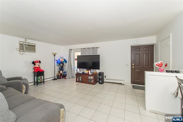 living area with light tile patterned floors, a wall mounted AC, and a baseboard radiator