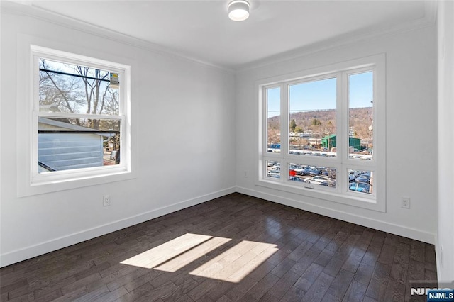 spare room with a healthy amount of sunlight, baseboards, ornamental molding, and dark wood-style floors