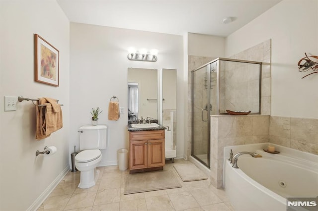 full bathroom featuring a shower stall, a tub with jets, vanity, baseboards, and toilet