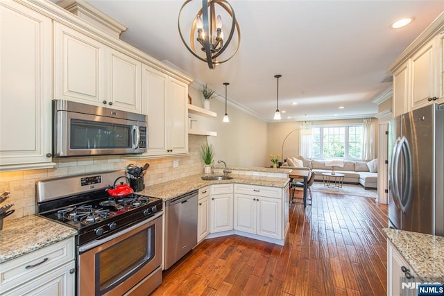 kitchen with dark wood-style flooring, a peninsula, open floor plan, a sink, and appliances with stainless steel finishes