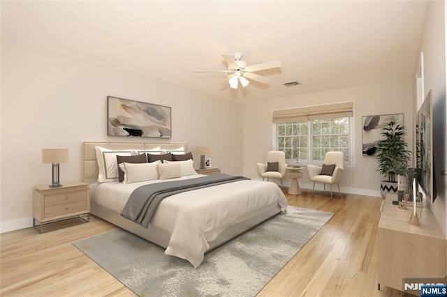 bedroom featuring light wood-type flooring, baseboards, a ceiling fan, and visible vents