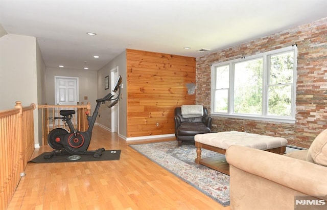 28 White Birch Ter, Kinnelon Borough, NJ 07405 - exercise room featuring recessed lighting, baseboards, wood finished floors, and brick wall