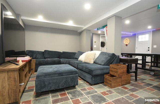 28 White Birch Ter, Kinnelon Borough, NJ 07405 - living room with stone finish floor and recessed lighting