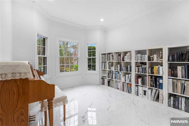 sitting room featuring crown molding, baseboards, recessed lighting, and marble finish floor