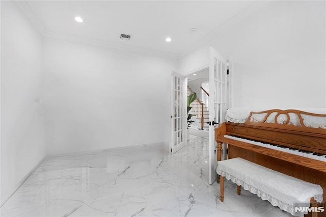 hallway featuring visible vents, recessed lighting, marble finish floor, and crown molding