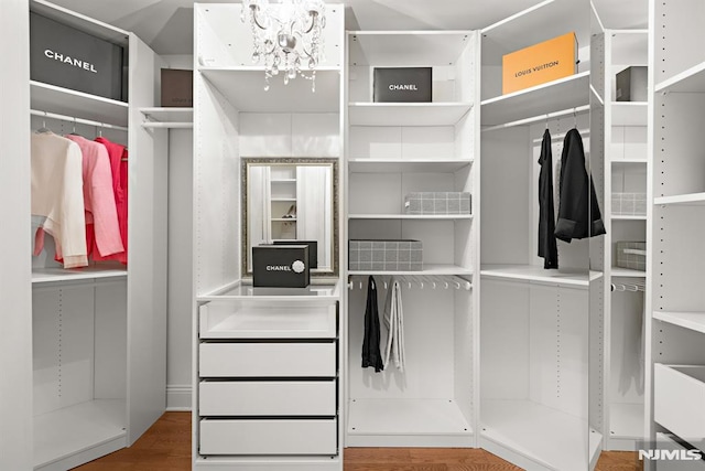 walk in closet featuring wood finished floors and a notable chandelier