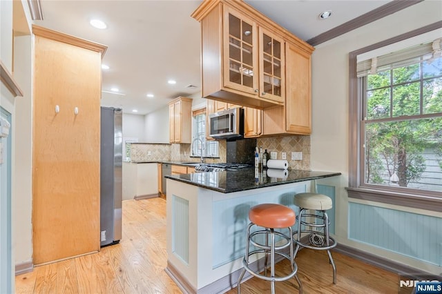 kitchen featuring stainless steel appliances, a peninsula, a sink, backsplash, and light wood-style floors