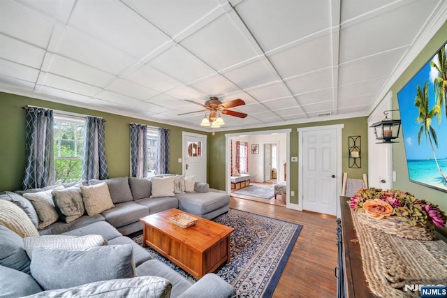 living room featuring dark wood-style floors, a ceiling fan, visible vents, baseboards, and ornamental molding