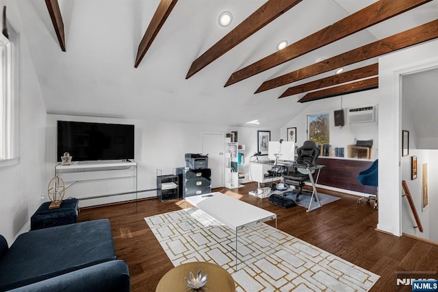 living area with baseboard heating, an AC wall unit, wood finished floors, and vaulted ceiling with beams