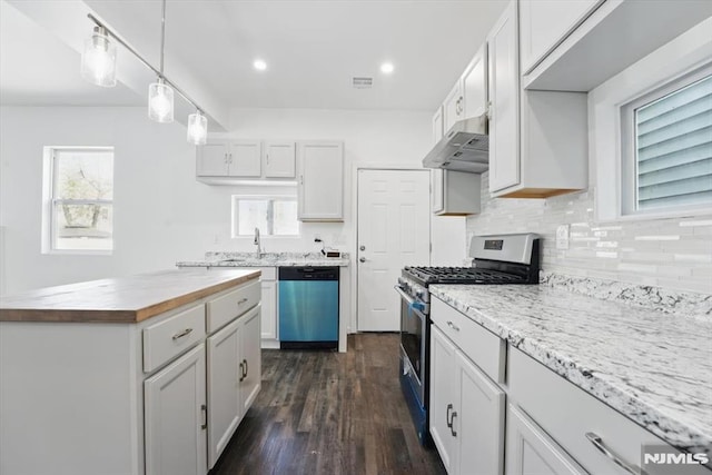 kitchen with under cabinet range hood, a healthy amount of sunlight, stainless steel appliances, and wooden counters