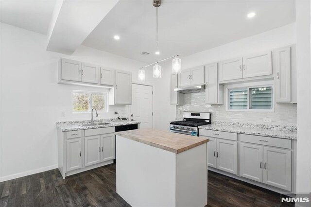 kitchen with stainless steel range with gas cooktop, a sink, dark wood-style flooring, decorative backsplash, and under cabinet range hood