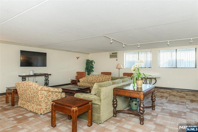living room featuring baseboards, a textured ceiling, rail lighting, and light colored carpet