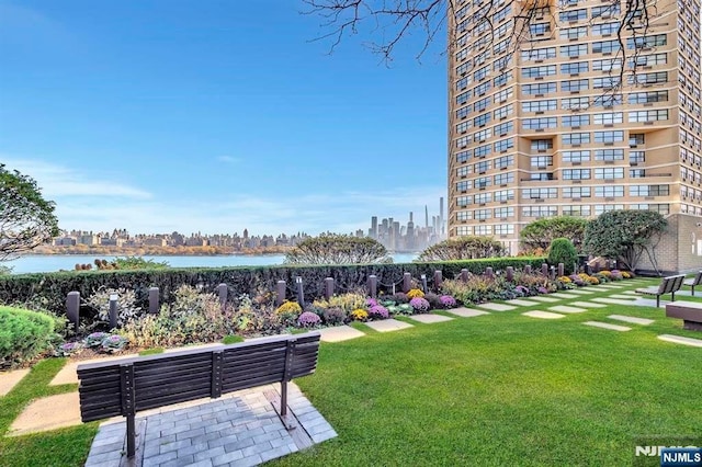view of home's community with a lawn and a water view