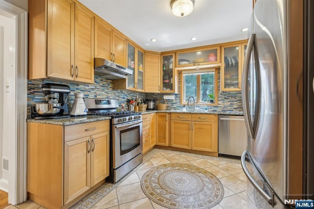 kitchen with under cabinet range hood, decorative backsplash, appliances with stainless steel finishes, and light stone countertops