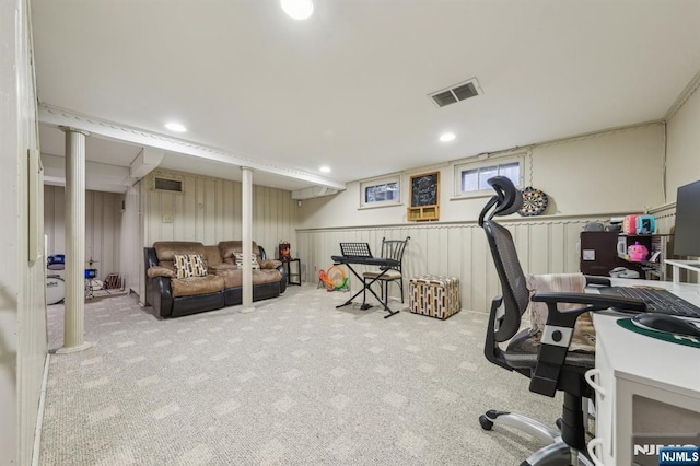 office space with carpet flooring, visible vents, and recessed lighting
