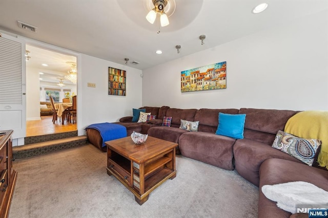 living area with recessed lighting, carpet flooring, visible vents, and a ceiling fan