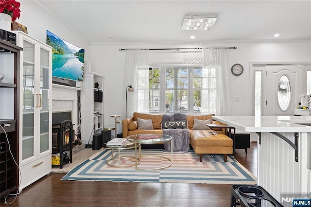 living area with crown molding, wood-type flooring, and a lit fireplace