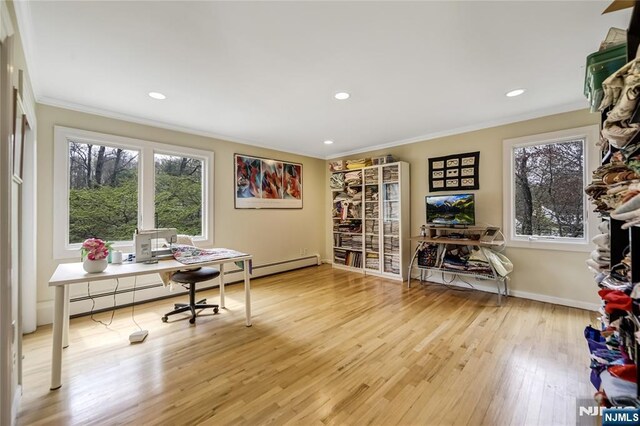 office featuring a wealth of natural light, crown molding, wood finished floors, and recessed lighting
