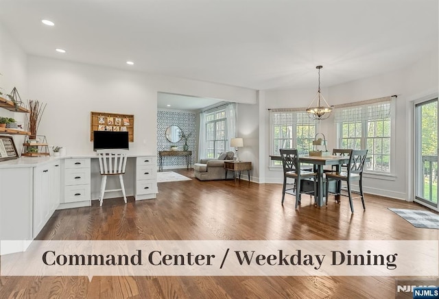 21 Flintlock Rd, Montvale, NJ 07645 - dining space with recessed lighting, baseboards, dark wood finished floors, and an inviting chandelier