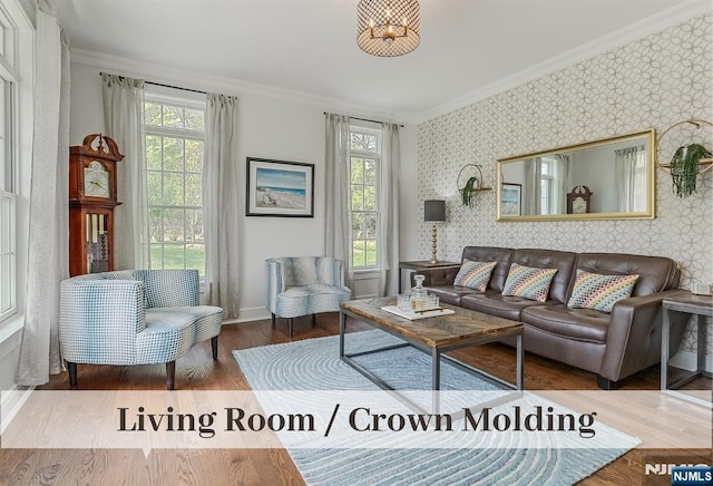 21 Flintlock Rd, Montvale, NJ 07645 - living room with baseboards, ornamental molding, wallpapered walls, and wood finished floors