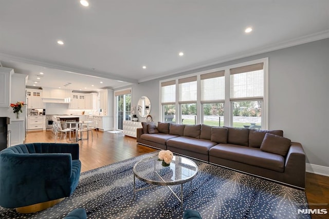 living area featuring baseboards, ornamental molding, and recessed lighting
