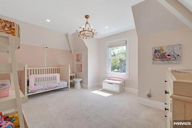 carpeted bedroom with vaulted ceiling, a chandelier, baseboards, and recessed lighting