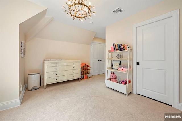 recreation room with an inviting chandelier, lofted ceiling, carpet floors, and visible vents