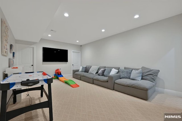 living room with carpet flooring, visible vents, baseboards, and recessed lighting