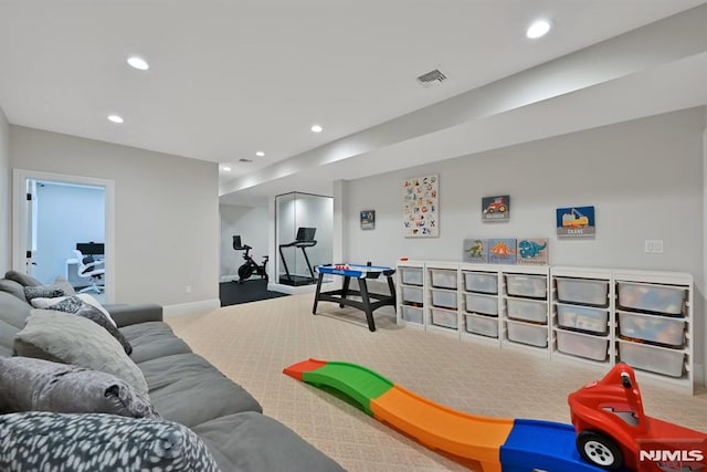 rec room featuring baseboards, recessed lighting, visible vents, and carpet floors