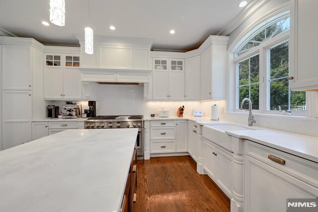 kitchen featuring glass insert cabinets, decorative light fixtures, white cabinetry, dark wood-style flooring, and backsplash