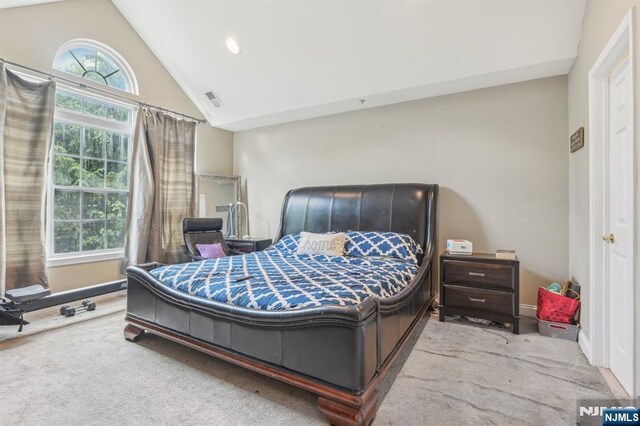 150 Blue Heron Dr, Secaucus, NJ 07094 - bedroom featuring carpet flooring, multiple windows, baseboards, high vaulted ceiling, and recessed lighting