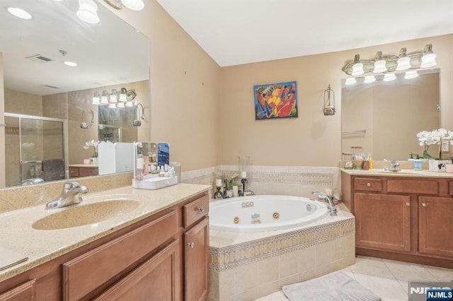 150 Blue Heron Dr, Secaucus, NJ 07094 - bathroom featuring a shower stall, tile patterned flooring, a whirlpool tub, and two vanities