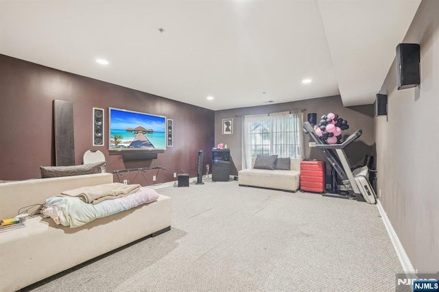 150 Blue Heron Dr, Secaucus, NJ 07094 - living room featuring carpet floors, baseboards, and recessed lighting