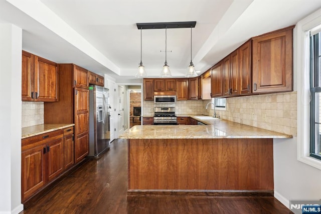 kitchen with stainless steel appliances, dark wood finished floors, a sink, a peninsula, and a tray ceiling