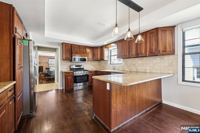 kitchen featuring appliances with stainless steel finishes, a tray ceiling, a peninsula, and dark wood-style floors