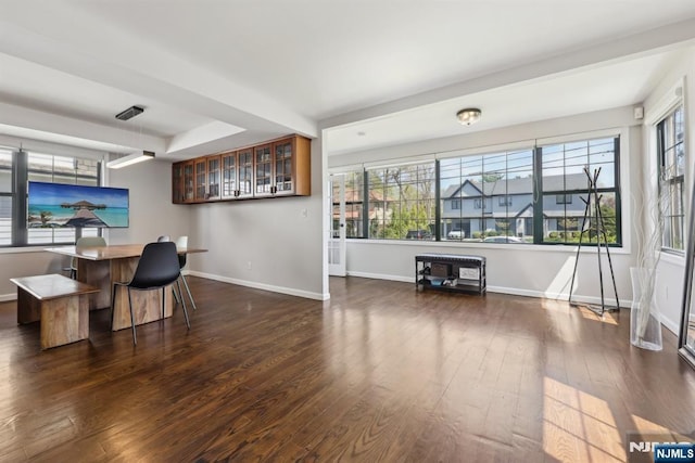 dining space with a healthy amount of sunlight, baseboards, and dark wood-type flooring