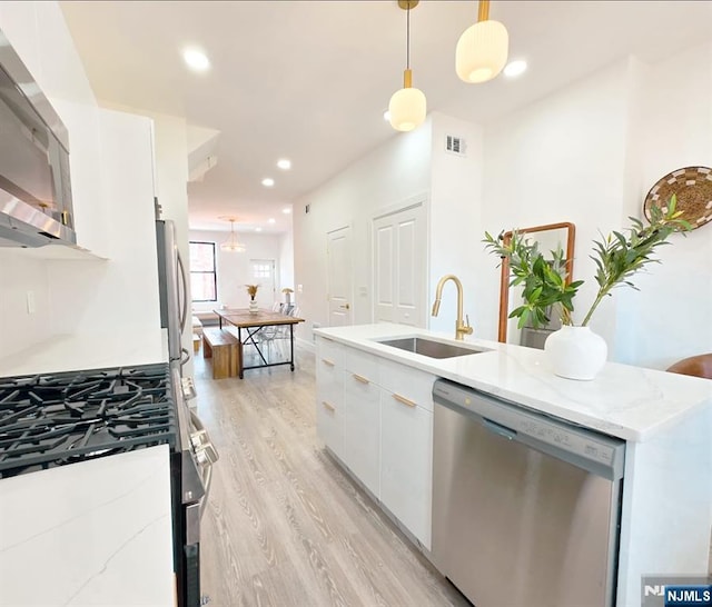 kitchen featuring light wood-style floors, white cabinetry, stainless steel appliances, and a sink