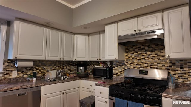 kitchen featuring white cabinets, stainless steel appliances, under cabinet range hood, and a sink