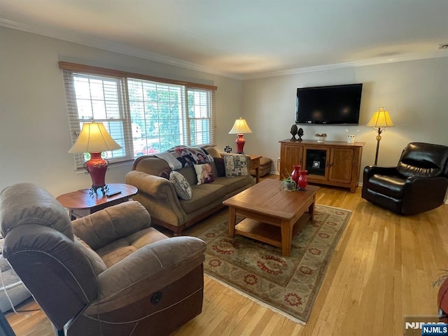 living room featuring crown molding, light wood-style flooring, and a healthy amount of sunlight